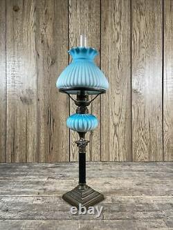 Antique 19th Century Blue Glass Corinthian Column Based Oil Lamp