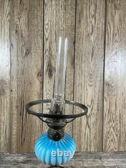 Antique 19th Century Blue Glass Corinthian Column Based Oil Lamp