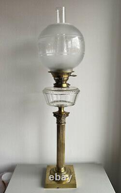 Antique 19th Century Victorian Evered & Co Brass Corinthian Column Oil Lamp