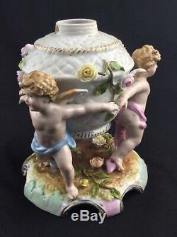 Antique 19th century Coburg Germany porcelain figural Putti Cherub oil lamp