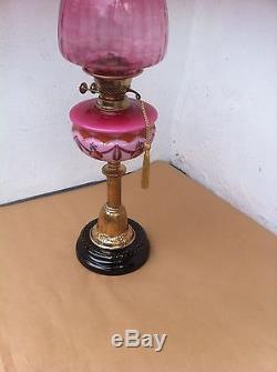 Antique Art Nouveau Column Brass & Cranberry Glass Oil Lamp UPC 5060475010077
