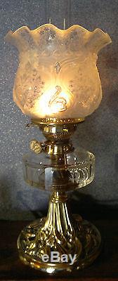 Antique Art Nouveau Oil Lamp Hinks & Son with Etched Shade Duplex Rise & Fall