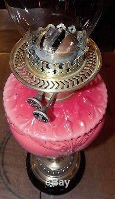 Antique Art Nouveau Victorian large OIL LAMP hand-painted pink glass font brass