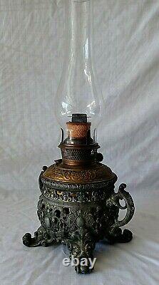 Antique B&H Bradley and Hubbard Ornate Cast Iron and Brass Oil Lamp