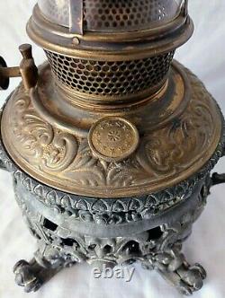 Antique B&H Bradley and Hubbard Ornate Cast Iron and Brass Oil Lamp