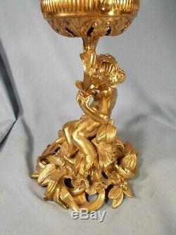 Antique B&H Victorian QUALITY CUPID Figural Parlor Table OIl Lamp w Blue Shade