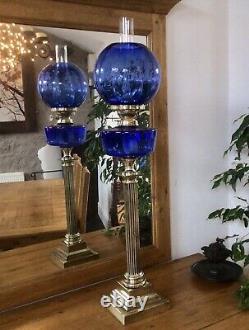 Antique Banquet Oil Lamp Cobalt Blue Glass Font And Shade 34 Tall