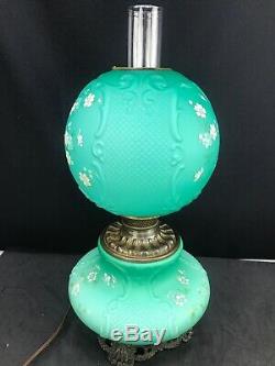 Antique Banquet Oil Lamp Green Teal Satin Cased Glass GWTW Consolidated Fishnet