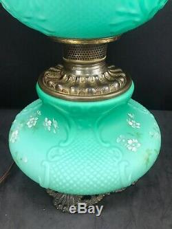 Antique Banquet Oil Lamp Green Teal Satin Cased Glass GWTW Consolidated Fishnet
