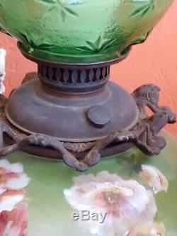 Antique Banquet Oil Lamp Hand Painted Floral Gone with the Wind Fenton shade