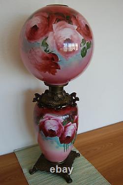 Antique Banquet Victorian Oil Kerosene Hand Painted Roses Art Nouveau Gwtw Lamp
