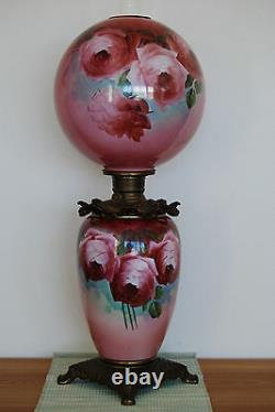 Antique Banquet Victorian Oil Kerosene Hand Painted Roses Art Nouveau Gwtw Lamp