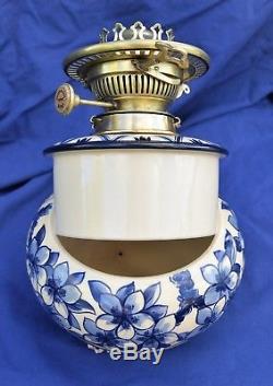 Antique Blue & White Royal Doulton Ceramic Oil Lamp. Single Hinks Patent Burner