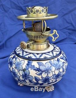 Antique Blue & White Royal Doulton Ceramic Oil Lamp. Single Hinks Patent Burner