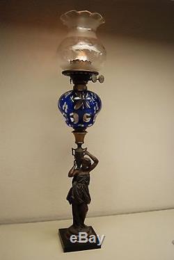 Antique Boston Sandwich Cobalt Glass Kerosene Oil Banquet Gwtw Victorian Lamp