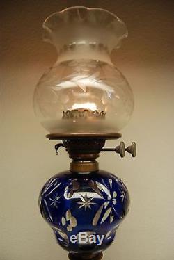 Antique Boston Sandwich Cobalt Glass Kerosene Oil Banquet Gwtw Victorian Lamp