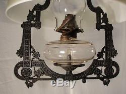 Antique Bradley & Hubbard B+H East Lake Iron Horse Oil Lamp Painted Glass Shade