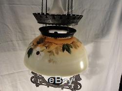 Antique Bradley & Hubbard B+H East Lake Iron Horse Oil Lamp Painted Glass Shade