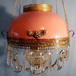 Antique Bradley Hubbard Victorian Hanging Library Oil Lamp Pink Glass Shade