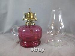 Antique Brass And Cranberry Glass Finger Oil Lamp & Chimney
