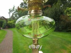 Antique Brass And Green Glass Oil Lamp With Original Tulip Shade & Chimney