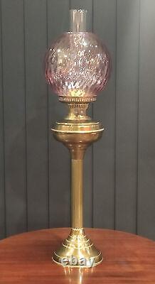 Antique Brass Banquet Oil Lamp Duplex Burner Cranberry Etched Glass Shade (71cm)