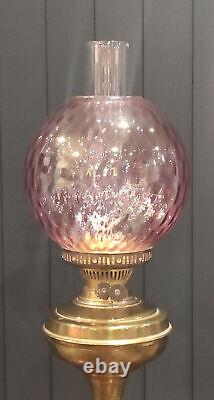 Antique Brass Banquet Oil Lamp Duplex Burner Cranberry Etched Glass Shade (71cm)