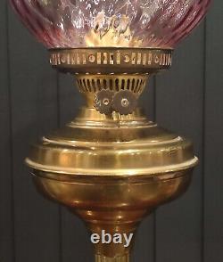 Antique Brass Banquet Oil Lamp Duplex Burner Cranberry Etched Glass Shade (71cm)