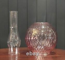 Antique Brass Banquet Oil Lamp Duplex Burner Cranberry Etched Glass Shade (71cm)
