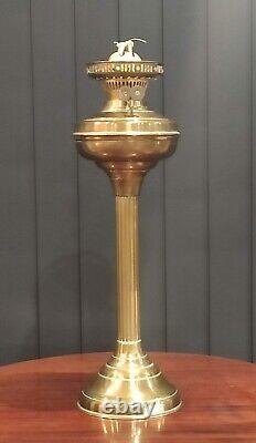 Antique Brass Banquet Oil Lamp Duplex Burner Cranberry Etched Glass Shade (71cm)
