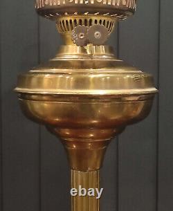 Antique Brass Banquet Oil Lamp Duplex Burner Cranberry Etched Glass Shade (71cm)