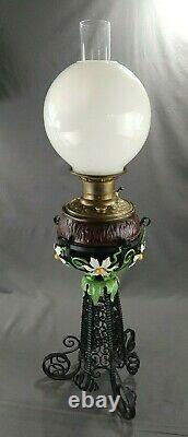 Antique Brass Banquet Oil Lamp The Rochester Painted Daisies Twisted Iron Base
