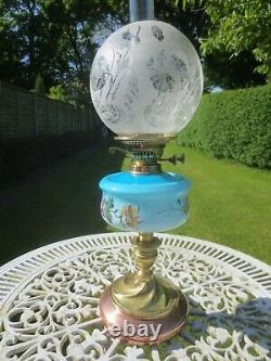 Antique Brass & Copper Glass Oil Lamp With Original Victorian Oil Lamp Shade