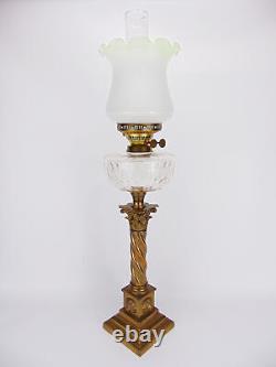 Antique Brass Corinthian Column Duplex Oil Lamp, Clear Glass Font Etched Shade