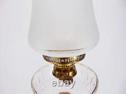 Antique Brass Corinthian Column Duplex Oil Lamp, Clear Glass Font Etched Shade