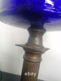 Antique Brass Corinthian Column Victorian Oil Burner Lamp Painted Glass