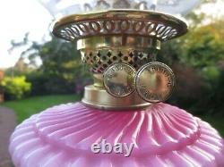 Antique Brass & Cranberry Glass British Made Oil Lamp With Original Shade