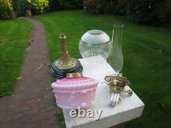 Antique Brass & Cranberry Glass British Made Oil Lamp With Original Shade