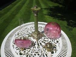 Antique Brass & Cranberry Glass Oil Lamp With Original Victorian Oil Lamp Shade