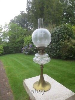 Antique Brass & Cut Glass Hinks Oil Lamp Chimney & Original Oil Lamp Shade