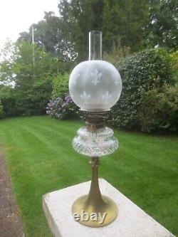 Antique Brass & Cut Glass Hinks Oil Lamp Chimney & Original Oil Lamp Shade