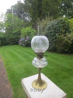 Antique Brass & Cut Glass Hinks Oil Lamp Chimney & Original Oil Lamp Shade