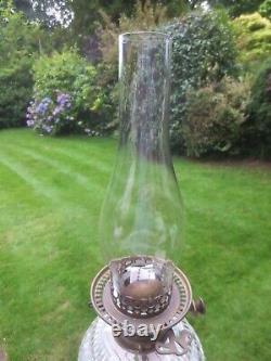 Antique Brass & Cut Glass Hinks Oil Lamp Chimney & Original Oil Lamp Shade