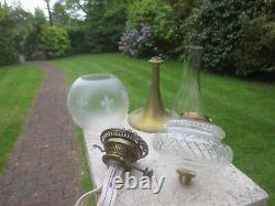 Antique Brass & Cut Glass Hinks Oil Lamp Chimney & Original Oil Lamp Shade