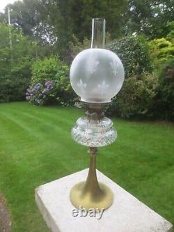 Antique Brass & Cut Glass Hinks Oil Lamp Chimney & Original Oil Lamp Shade