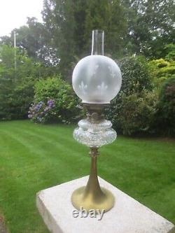 Antique Brass & Cut Glass Hinks Oil Lamp Chimney & Original Oil Lamp Shade