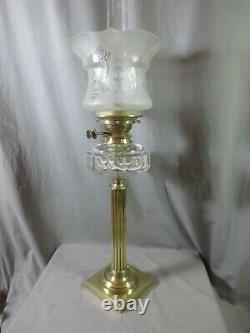 Antique Brass & Cut Glass Messengers Oil Lamp With Etched Tulip Oil Lamp Shade