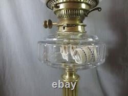 Antique Brass & Cut Glass Messengers Oil Lamp With Etched Tulip Oil Lamp Shade