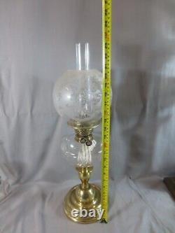 Antique Brass & Cut Glass Oil Lamp & Original Acid Etched Round Oil Lamp Shade