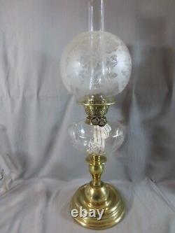 Antique Brass & Cut Glass Oil Lamp & Original Acid Etched Round Oil Lamp Shade